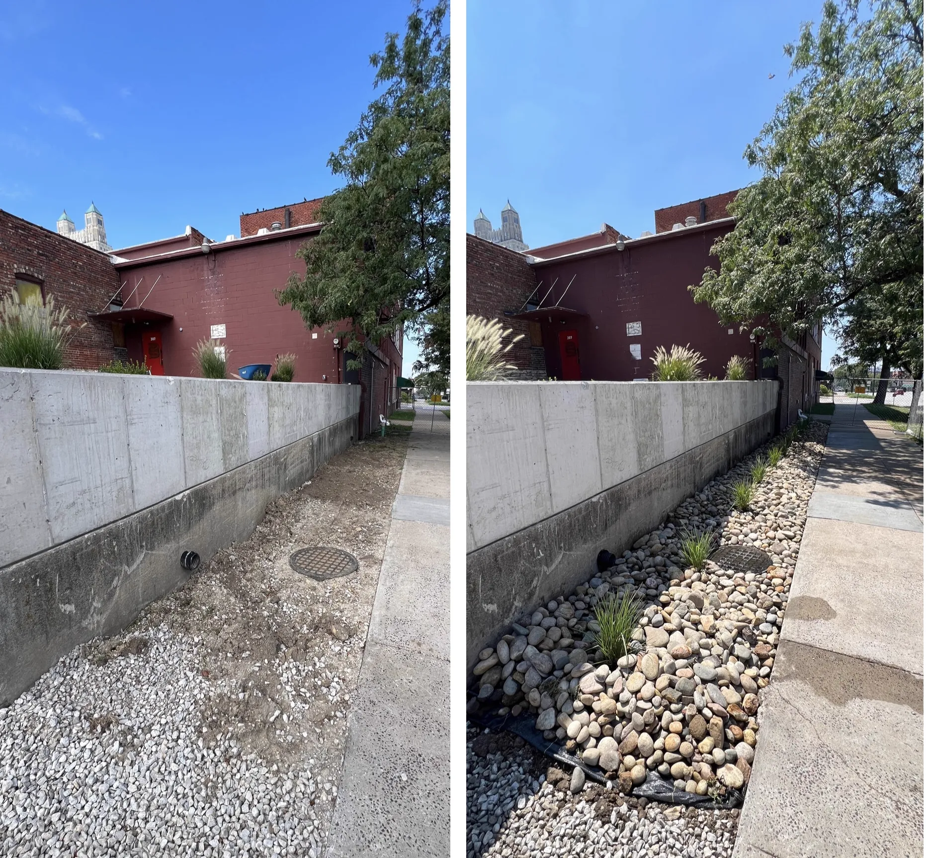 Before and after of a commercial landscaping project by Juke KC — river rock, grasses, and drainage work in Kansas City